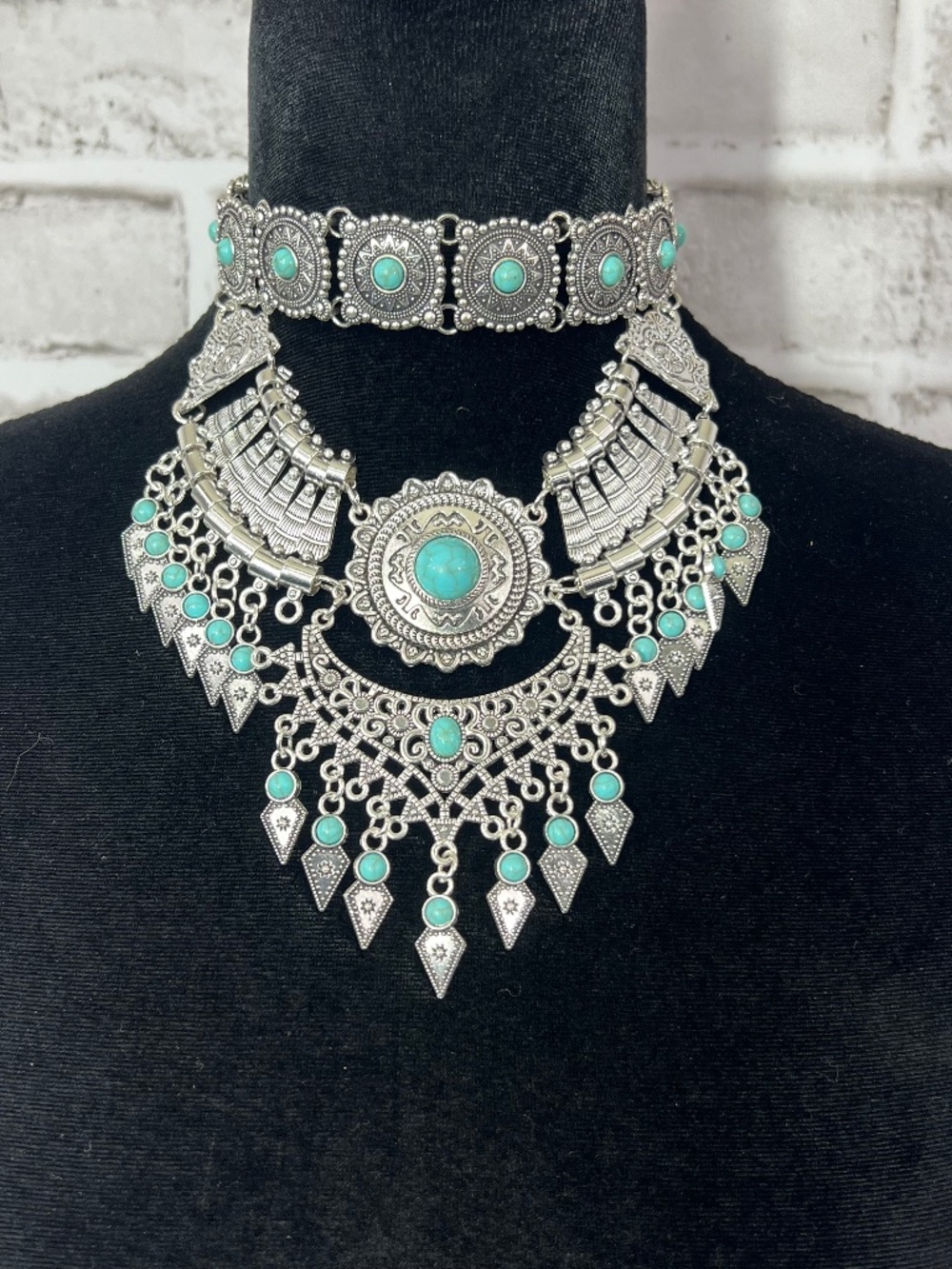 Turquoise Statement Choker Necklace • Silver Tone Boho Western Tribal Festival